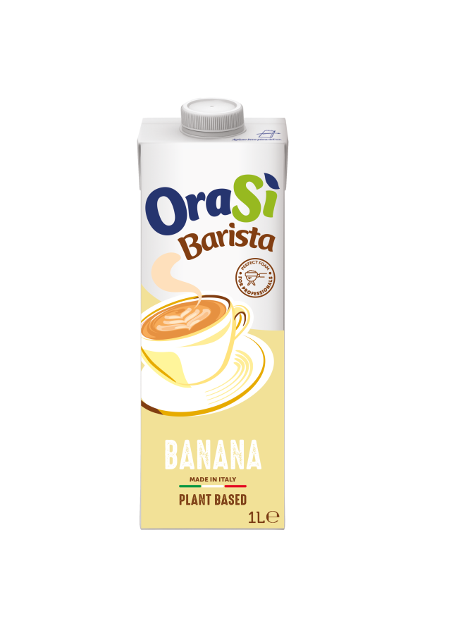 Kutija od 1 litre biljnog napitka OraSì Barista Banana s navojnim čepom, šalica latte art.