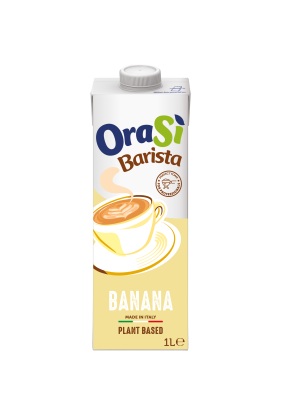Kutija od 1 litre biljnog napitka OraSì Barista Banana s navojnim čepom, šalica latte art.