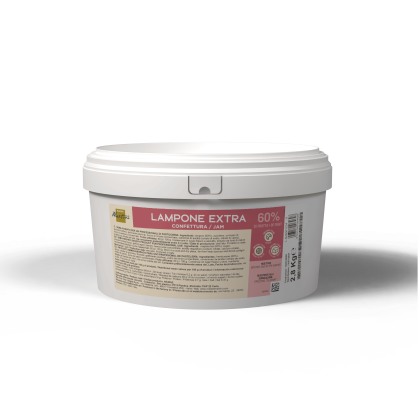 Bijela plastična posuda sa džemom od maline Lampone Extra 60%, 2,8 kg, ružičasta etiketa na bijeloj pozadini.