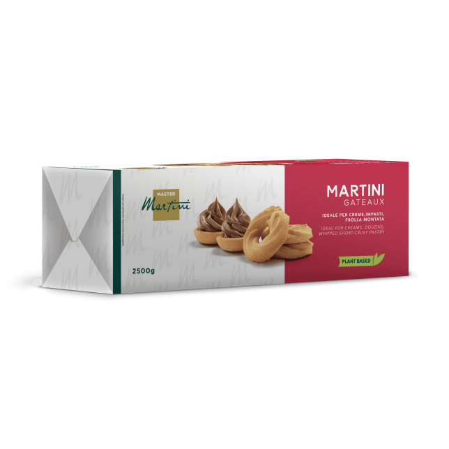 Kutija Master Martini Gateaux 2500g, biljna mješavina za poslastice, s prhkim keksima i čokoladnom kremom na pakovanju