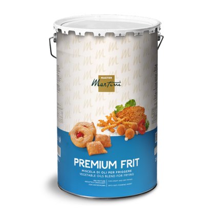 Metalna kanta Master Martini Premium Frit, mješavina biljnih ulja za prženje, sa slikama prženih jela.