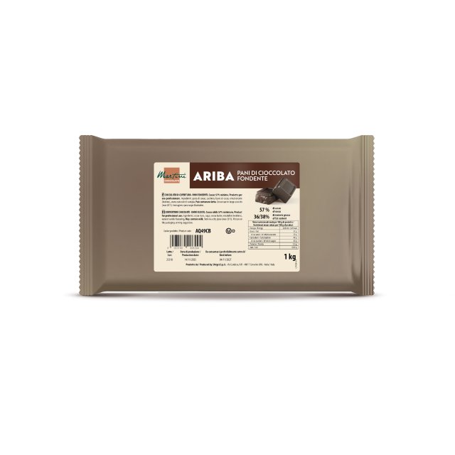 Smeđe pakovanje od 1kg Ariba Pani di Cioccolato Fondente, 57% kakaa, 36/38% masti.