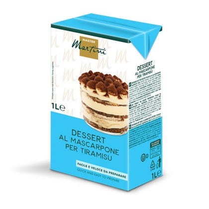 Pakovanje od 1L Master Martini mascarpone smjese za tiramisu, sa fotografijom tiramisua na plavom pakovanju.