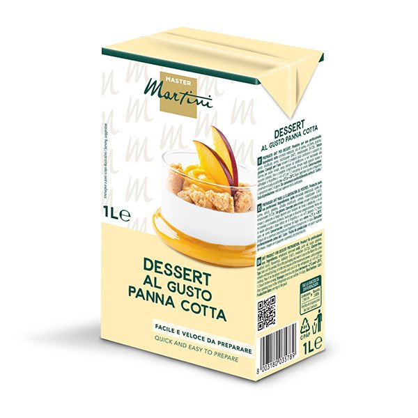 Pakovanje od 1L Master Martini smjese za desert panna cotta, krema u čaši sa kriškama breskve.