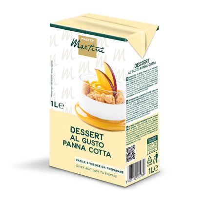 Pakovanje od 1L Master Martini smjese za desert panna cotta, krema u čaši sa kriškama breskve.