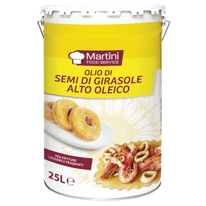 Metalna limenka od 25L visokooleinskog suncokretovog ulja Martini Food Service, za prženje, sa krofnama i prženim plo...