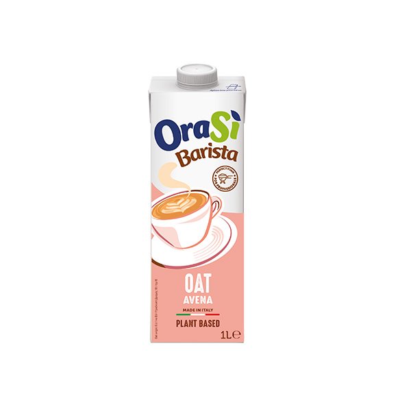 Pakovanje od 1L zobenog napitka OraSì Barista, biljno, proizvedeno u Italiji, sa šoljicom kafe na roze ambalaži.