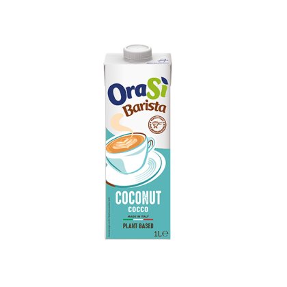 Kutija od 1 litre biljnog napitka OraSì Barista Coconut, tirkizno pakovanje sa ilustracijom šoljice, proizvedeno u It...
