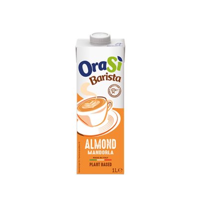 1L kutija OraSì Barista Almond, biljni napitak, narančasto pakovanje s grafikom šoljice, proizvedeno u Italiji.