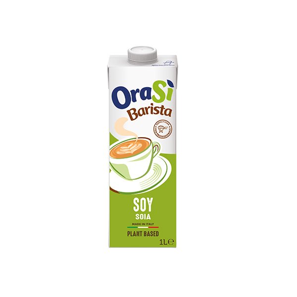 Kartonsko pakovanje od 1 litre biljnog napitka od soje OraSì Barista, zelena etiketa s grafikom šoljice, proizvedeno ...