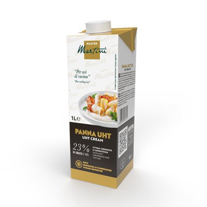 Kutija od 1L UHT vrhnja za kuhanje Master Martini Panna, 23% masti, sa tjesteninom na etiketi