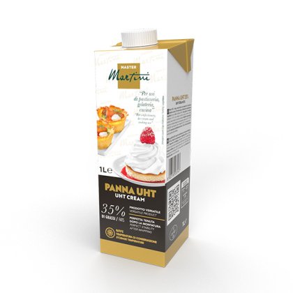Kartonsko pakovanje od 1 l UHT pavlake Master Martini Panna, 35% masti, sa slikama kolača i šlaga na etiketi.
