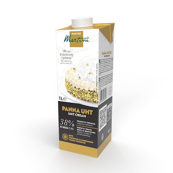 Kartonska ambalaža od 1 litre UHT vrhnja Master Martini, 38% masti, sa zlatnim detaljima i tortom na etiketi.