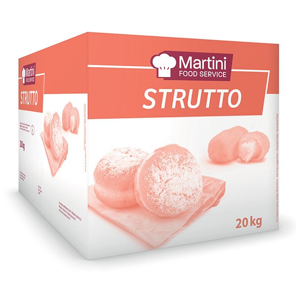 Kutija od 20kg Martini Food Service Strutto s peciva posutim šećerom u prahu na dasci.