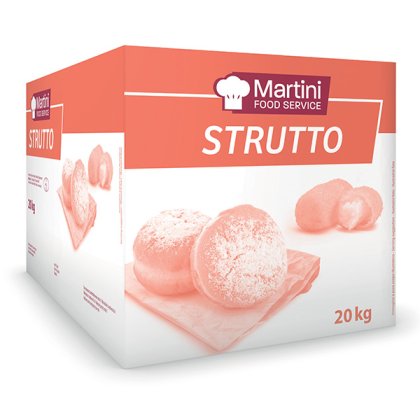 Kutija od 20kg Martini Food Service Strutto s peciva posutim šećerom u prahu na dasci.