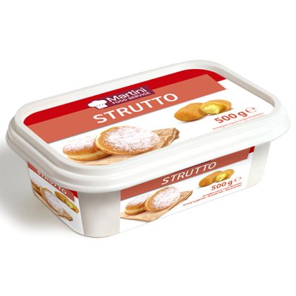 Bijela plastična posuda Martini Food Service Mast, 500g, crvena etiketa sa šećernim krofnama.
