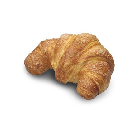 Zlatno-smeđi kroasan s hrskavom, šećernom koricom, u obliku polumjeseca, na bijeloj pozadini.