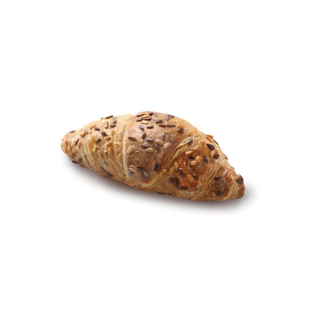 Zlatno pečeni kroasan sa mješavinom sjemenki, na bijeloj pozadini.