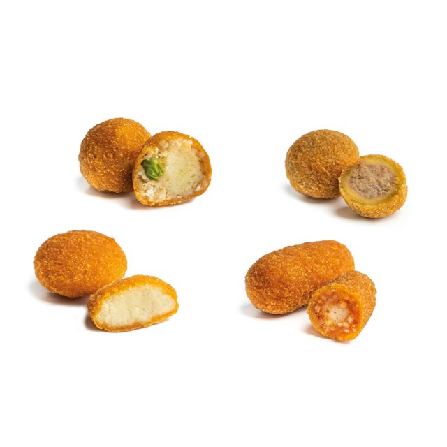 Četiri pohane pržene krokete, cijele i prepolovljene, s različitim nadjevima: sir, meso i umak od paradajza.