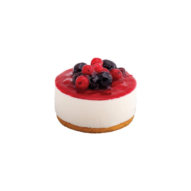 Mini cheesecake sa biskvitnom podlogom, bijelom kremom, glazurom od crvenog voća, borovnicama i ukrasom
