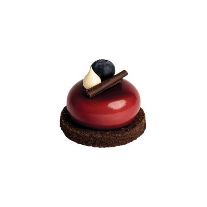 Sjajni crveni mousse desert na podlozi od čokoladnih mrvica, s borovnicom, bijelom čokoladom i čokoladom