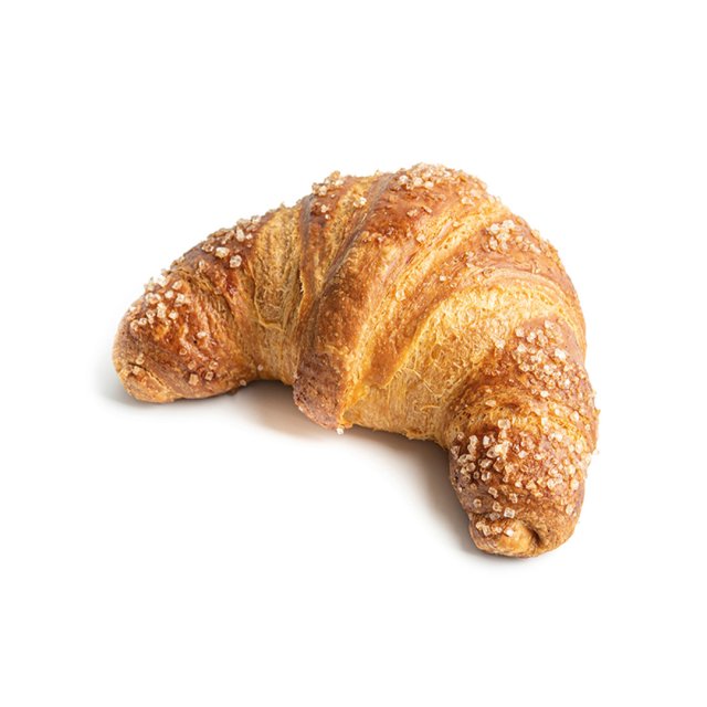 Zlatno-smeđi, hrskavi kroasan zakrivljenog oblika, posut krupnim šećerom, na bijeloj pozadini.