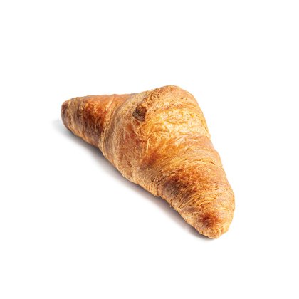 Zlatnosmeđi lisnati kroasan sa slojevitim tijestom na bijeloj pozadini.
