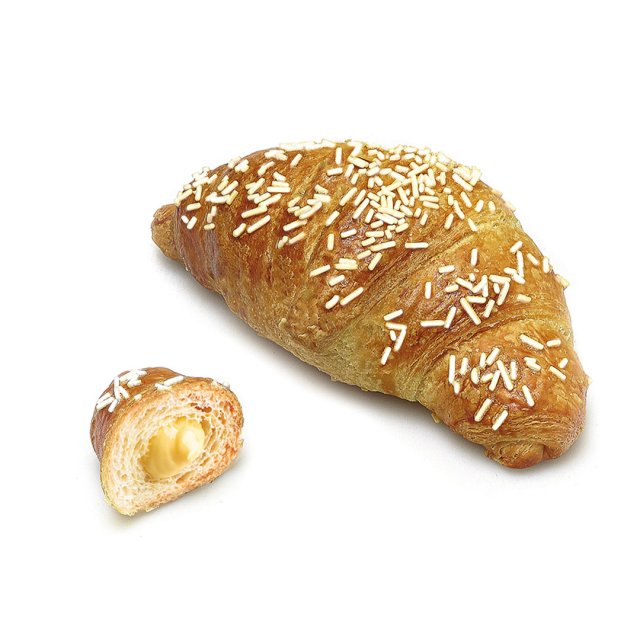 Zlatni kroasan sa bijelim mrvicama, manji komad prerezan otkriva kremasti vanila fil.