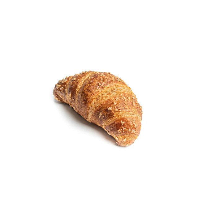 Zlatno-smeđi savijeni kroasan posut krupnim šećerom, na bijeloj pozadini.