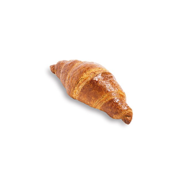 Zlatnosmeđi kroasan s glatkom, hrskavom koricom na bijeloj pozadini.