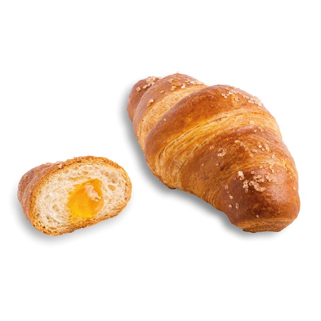 Zlatni kroasan u obliku pereca posut krupnim šećerom, cijeli i prerezan s nadjevom od marelice.