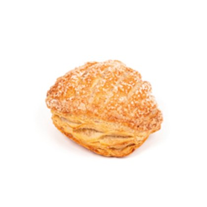 Zlatno, hrskavo lisnato tijesto sa šećernom korom u mrežastom uzorku, na bijeloj pozadini.