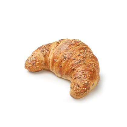 Zlatno-smeđi kroasan s mješavinom sjemenki u obliku polumjeseca na bijeloj pozadini.