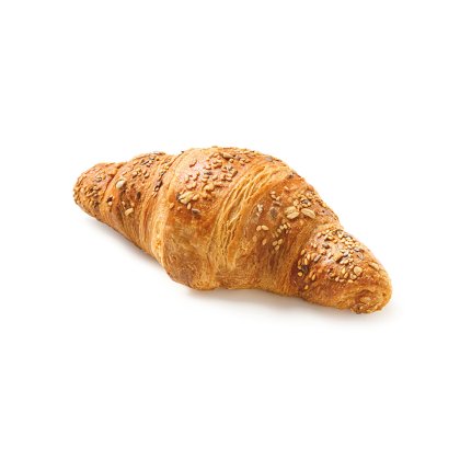 Zlatno pečeni višežitni kroasan sa sjemenkama i zobenim pahuljicama na bijeloj pozadini.