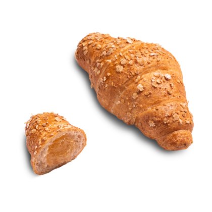 Croissant od cjelovitog zrna s pahuljicama zobi, pored manjeg komada s marelica nadjevom.