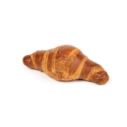 Zlatnosmeđi kroasan zakrivljenog oblika na bijeloj pozadini.
