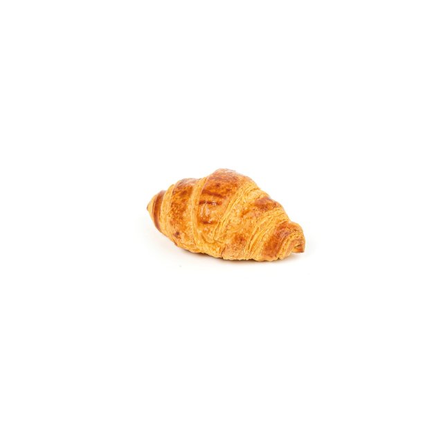 Zlatnosmeđi kroasan sa lisnatim, zakrivljenim slojevima na bijeloj podlozi.
