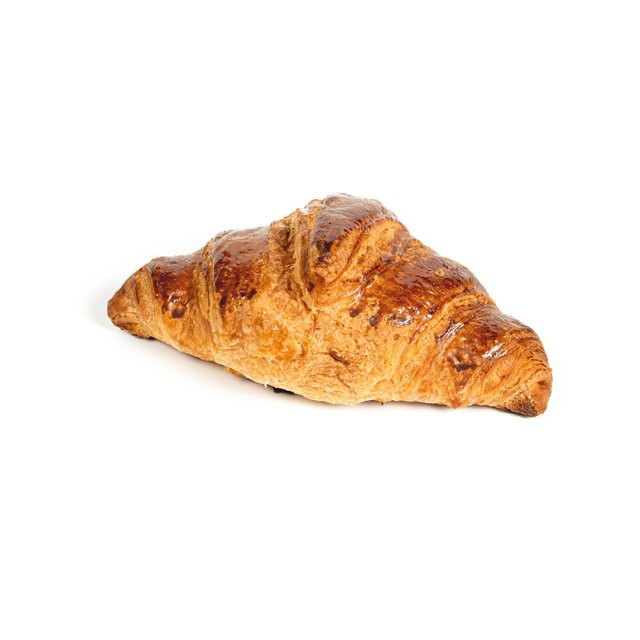 Zlatnosmeđi pečeni kroasan sa sjajnom, hrskavom koricom na bijeloj pozadini.