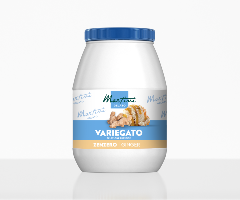 Bijela plastična posuda s plavim poklopcem, oznaka Martini Gelato Variegato Zenzero Ginger, s korijenom đumbira i sla...