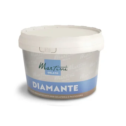 Bijela posuda arome u pasti Martini Gelato Diamante za sladoled i poslastičarstvo, sa sivo-plavom etiketom.