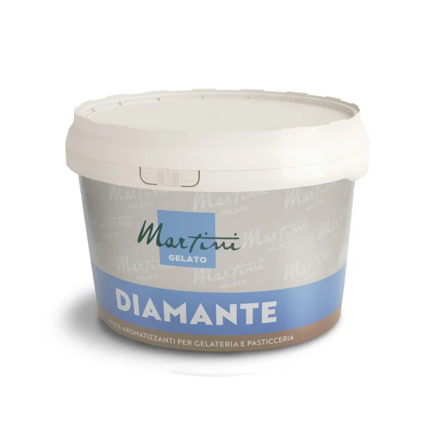 Bijela posuda arome u pasti Martini Gelato Diamante za sladoled i poslastičarstvo, sa sivo-plavom etiketom.