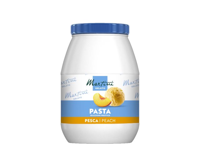 Bijela plastična posuda s plavim poklopcem, natpis "Martini Gelato Pasta Selezione Prestige, Pesca/Peach", sa breskva...
