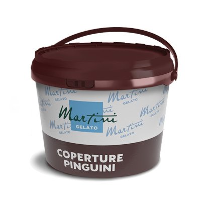 Tamnosmeđa plastična kanta sa drškom, označena Martini Gelato Coperture Pinguini, proizvod čokoladne glazure.