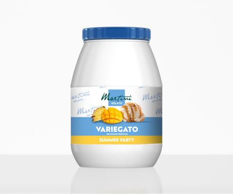 Bijela plastična posuda s plavim poklopcem "Martini Gelato Variegato Summer Party" s mangom, ananasom i kokosom.
