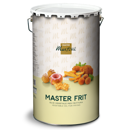 Metalna limenka ulja za prženje Master Martini "Master Frit" sa slikama pržene hrane na bež etiketi, 25L.