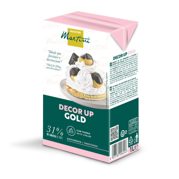 Kutija od 1L zaslađenog slatkog vrhnja Master Martini Decor Up Gold, 31% masti, sa slikom kremšnite.