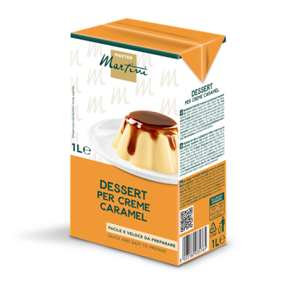 Kutija od 1L Master Martini mješavine za crème caramel, s karamel flanom na bijelom tanjiru