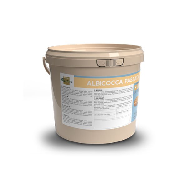 Bež plastična kanta s etiketom "Albicocca Passata" i informacijama o proizvodu.