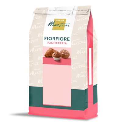 Kesa Master Martini Fiorfiore Pasticceria, roze-tirkizna ambalaža sa croissantom i muffinom.