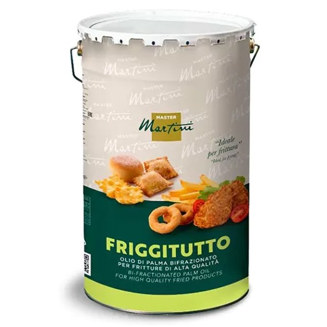 Metalna kanta bifrakcioniranog palminog ulja Master Martini Friggitutto, zelena etiketa sa slikama pržene hrane.